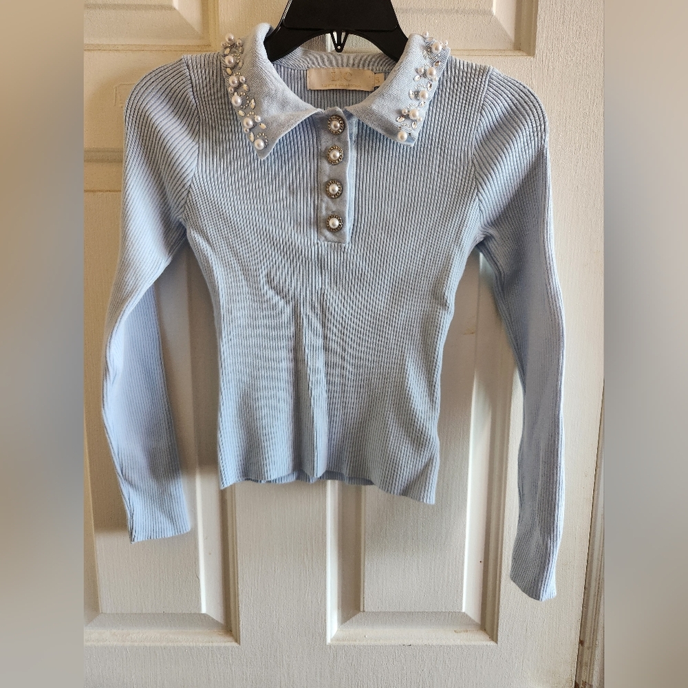 Lizette Collection Light Blue Sweater with Pearl Details